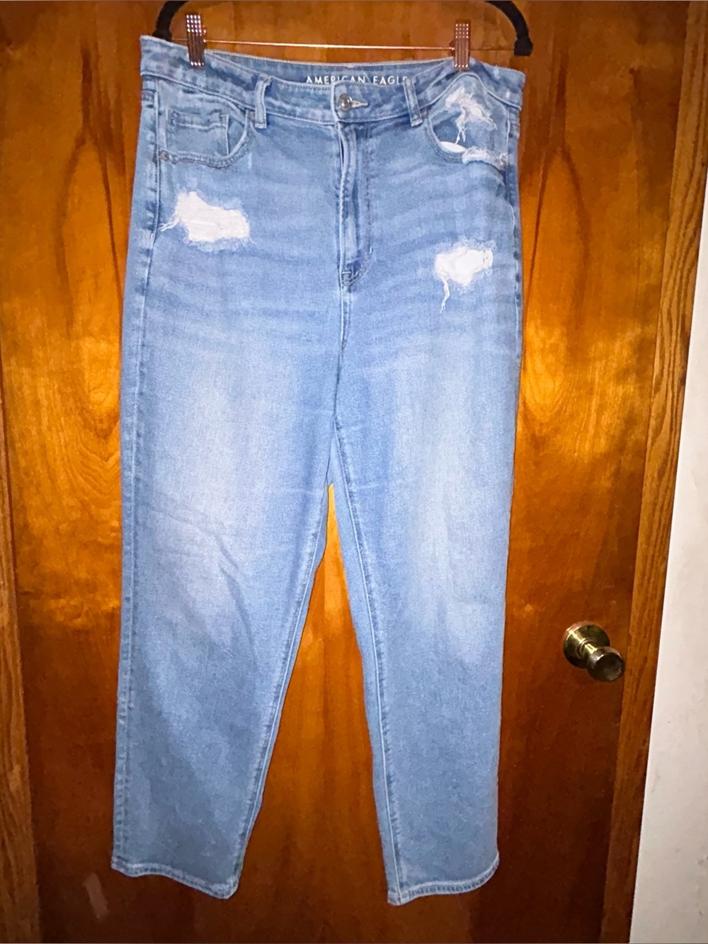 American Eagle Mom Straight Jeans Sz 14 Distressed Denim